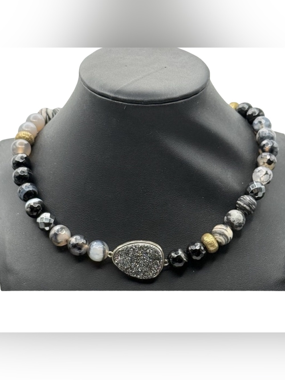 Silpada Signed 925 Silver Agate Hematite Druzy Choker Collar BOHO Chic Necklace